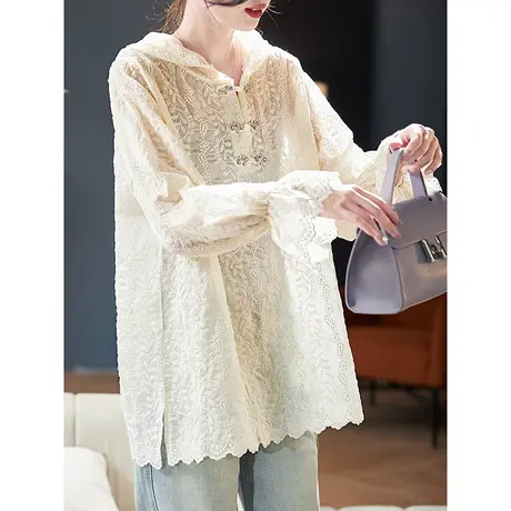 宝诗黎连帽钉钻刺绣雪纺衫2024春季喇叭袖宽松百搭天丝女装上衣图片