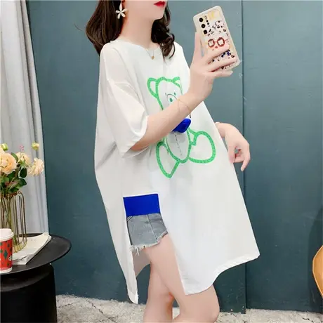 中长款开叉短袖T恤女夏季2022年新款韩版设计感网红超火ins潮上衣商品大图