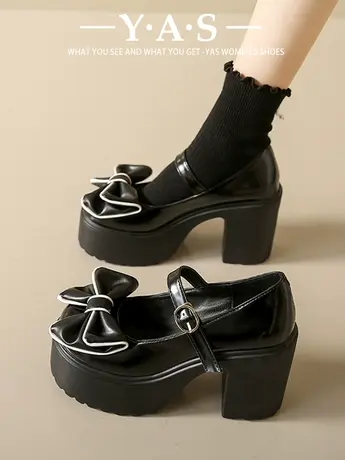 厚底粗跟玛丽珍女鞋2024新款小个子高跟鞋蝴蝶结夏季配裙子小皮鞋图片