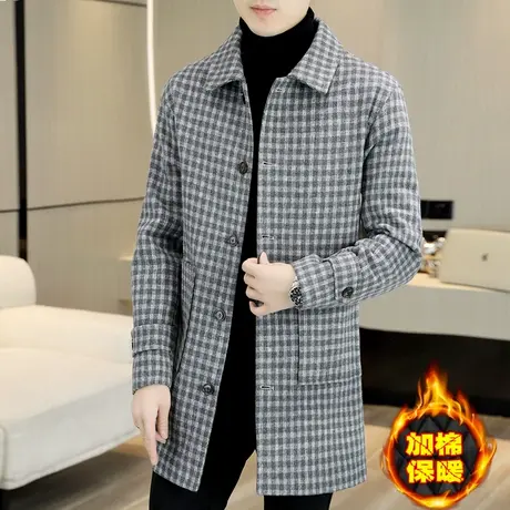 冬装中长款加棉加厚呢子风衣男士英伦格子毛呢大衣帅气西装外套潮图片