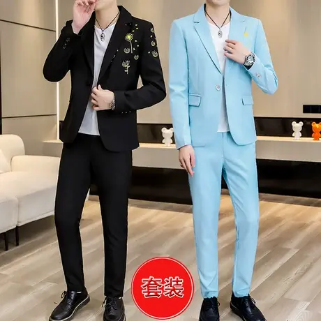 高级感帅气刺绣小西装外套男士秋季发型师潮流韩版修身西服一套装商品大图