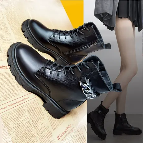 大嘴猴加绒马丁靴女鞋2023秋季新款英伦风百搭舒适中筒女秋冬单靴商品大图