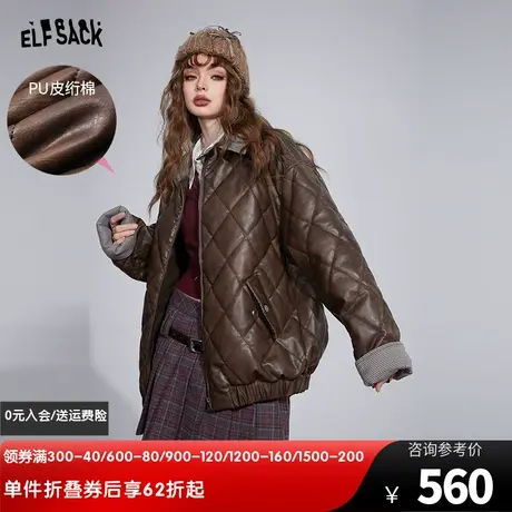 妖精的口袋pu皮格子复古棉服女2023冬季新款加厚设计感美拉德棉衣图片