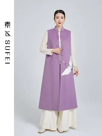 素飞双面羊毛大衣中国风女装马甲春季外穿旗袍式上衣复古背心外套商品大图