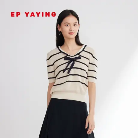 EP雅莹女装 桑蚕丝棉镂空条纹短袖海魂针织衫 2023新款9501A图片