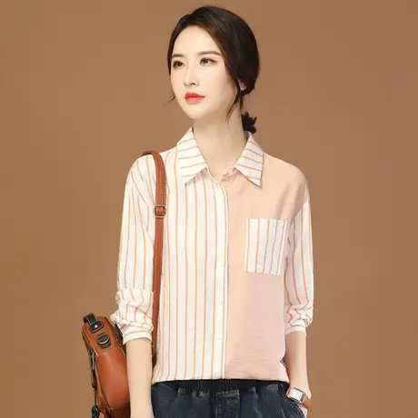韩潮袭人高级感条纹拼接长袖衬衣2023秋装女士衬衫设计感小众上衣商品大图