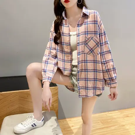 很仙的格子衬衫女洋气上衣2023夏季新款宽松网红港味防晒衬衣薄款商品大图
