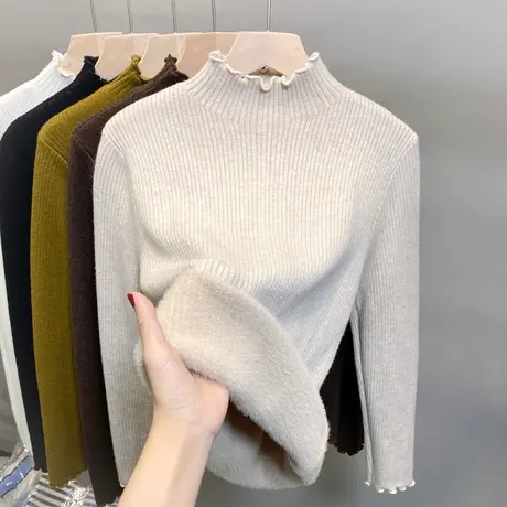 一体绒半高领毛衣女加绒打底衫2023秋冬新款针织衫内搭加厚上衣潮商品大图