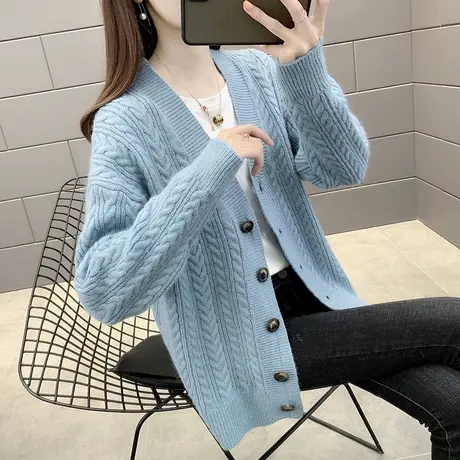 秋装女2023年新款V领宽松针织开衫长袖外套韩系爆款上衣百搭毛衣商品大图