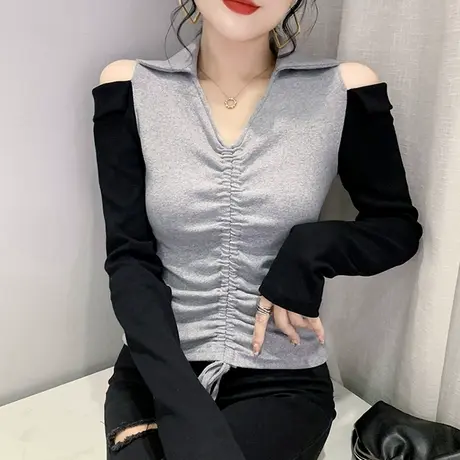 设计感小众抽绳T恤女长袖2023春秋新款性感露肩上衣内搭打底衫ins图片