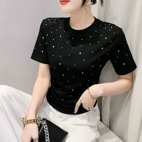 网红短款T恤女短袖2023夏季新款时尚洋气烫钻上衣修身显瘦小衫ins商品大图