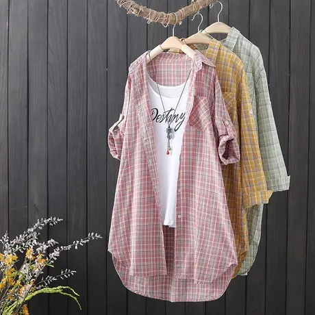 中长款格子衬衫女薄外套春秋季新款长袖宽松衬衣休闲百搭开衫上衣图片