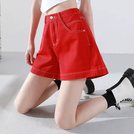 红色牛仔短裤女夏季薄款2023年新款夏高腰三分裤大码白色a字四分商品大图