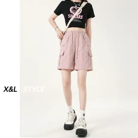 粉色工装短裤女秋薄款2023年新款美式高腰休闲运动裤阔腿五分裤子图片