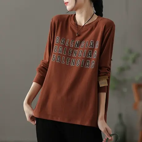 dza休闲圆领字母t恤女士秋冬内搭上衣宽松纯棉长袖短款打底衫体恤商品大图