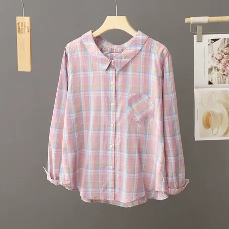 小翻领拼色格子衬衫女长袖外搭春秋季2023新款衬衣宽松打底衫上衣图片
