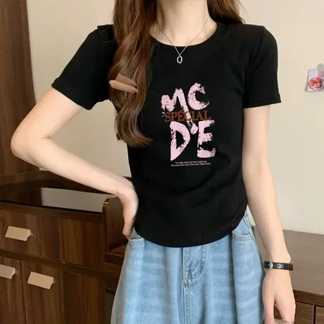 黑色正肩美式复古短袖t恤女夏季设计感小众弧形下摆纯欲短款上衣图片