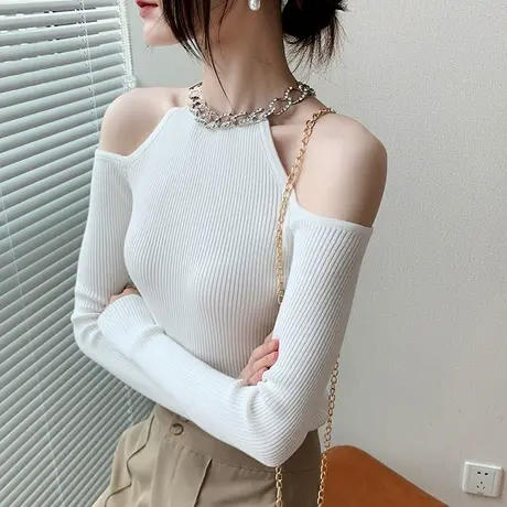 露肩项链长袖上衣女士2023春季新款设计感小众修身纯色显瘦针织衫商品大图