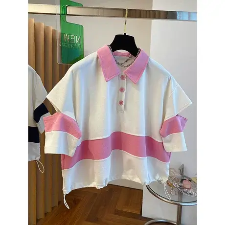 2023新款撞色拼接Polo领t恤女短袖宽松休闲短款下摆抽绳胖mm上衣商品大图