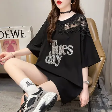 设计感小众短袖t恤女夏装韩版宽松中长款下衣失踪蕾丝拼接上衣服图片