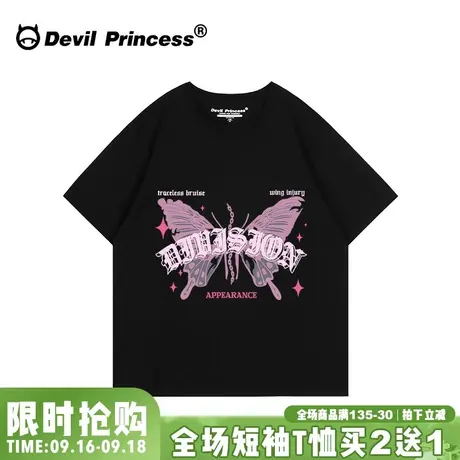 高街甜酷风潮牌黑色正肩t恤女夏季宽松韩版超火蝴蝶印花纯棉上衣图片