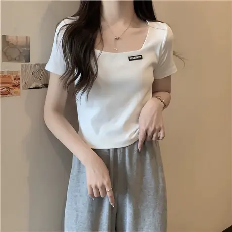 方领正肩短袖T恤女2023夏季新款修身显瘦小个子短款半袖上衣潮ins图片