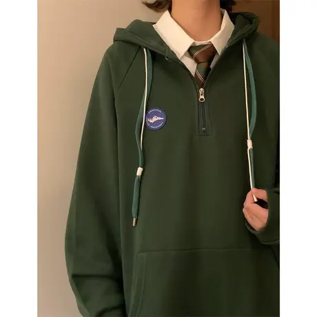 半拉链卫衣女秋冬连帽宽松美式复古hiphop潮牌设计感加绒加厚外套图片