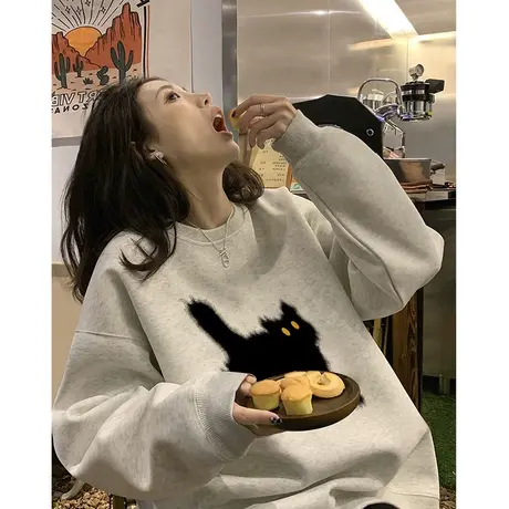 无帽卫衣女春秋薄款小众设计感oversize潮牌美式复古宽松圆领上衣商品大图