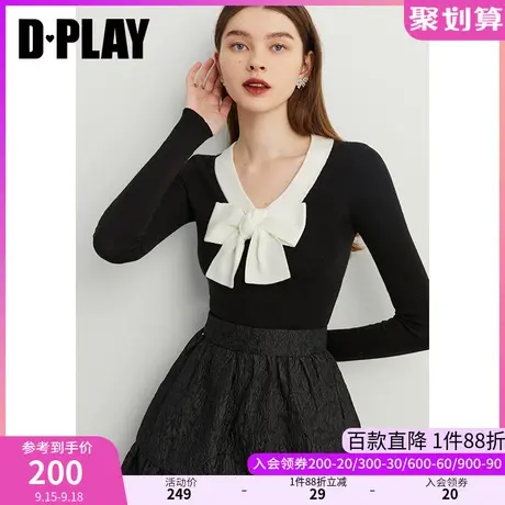 DPLAY冬新款法式黑拼白立体蝴蝶结修身V领针织打底衫商品大图