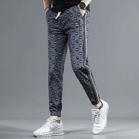 高端蓝色冰丝休闲裤男2023夏季新款修身束脚时尚潮流男士薄款弹力商品大图