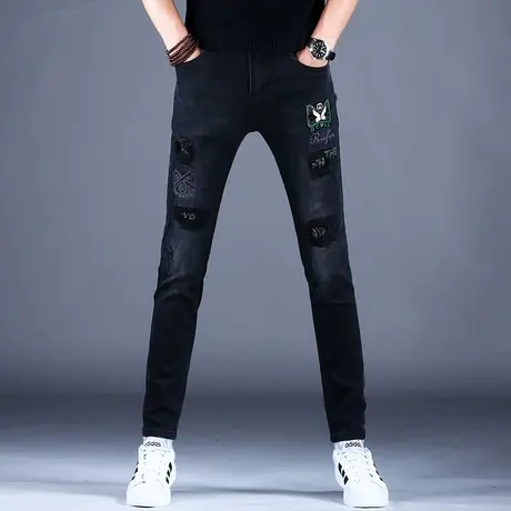 2023新款刺绣牛仔裤男款黑色修身小脚裤子男百搭潮牌男士休闲弹力商品大图