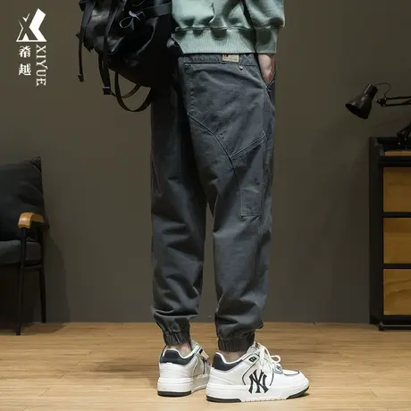 希越秋季纯棉百搭休闲裤男潮流拼接束脚工装裤宽松大码胖子九分裤商品大图