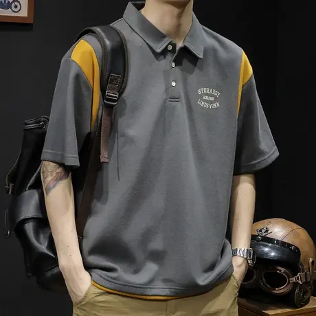 polo衫男短袖t恤男士宽松胖子大码男装潮牌2023新款撞色体恤夏季商品大图