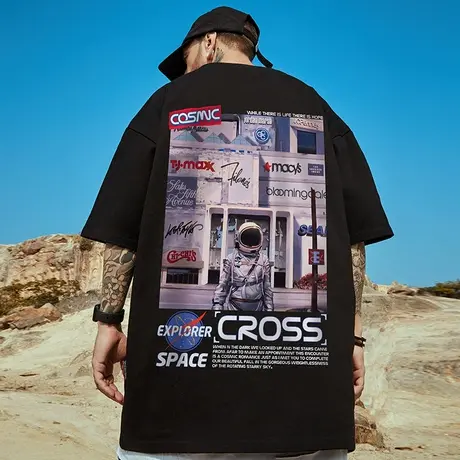 oversize欧美潮牌宇航员大码男装国潮嘻哈宽松短袖insT恤胖子半袖商品大图