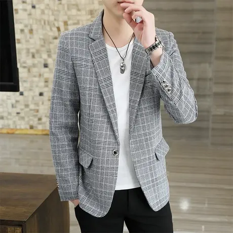 西装男春秋韩版修身上衣小西服外套男士单件潮流帅气格子休闲单西商品大图