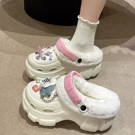 加绒洞洞鞋女冬2023新款防滑棉拖鞋可爱家居厚底松糕鞋包头半拖鞋商品大图