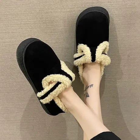 棉拖鞋女士冬季外穿复古磨砂皮加绒保暖室内居家防滑厚底包跟棉鞋商品大图