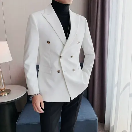 高级感穿搭春秋西服男礼服双排扣戗驳领修身主持人白色西装外套潮商品大图