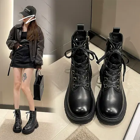 厚底粗跟马丁靴女2023新款春秋单靴中跟弹力瘦瘦靴小个子加绒短靴图片
