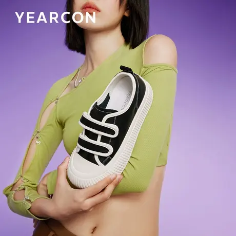 意尔康大头鞋女春季皮面帆布鞋2024新款魔术贴厚底百搭小白鞋板鞋图片