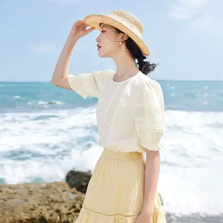 茵曼甜美衬衫2023夏女装新款圆领花边牙签褶泡泡袖宽松套头上衣商品大图