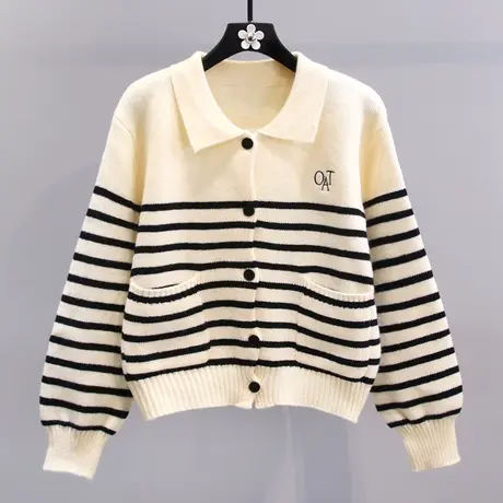 韩系条纹polo领毛衣外套女秋冬2023新款宽松慵懒风休闲针织开衫商品大图