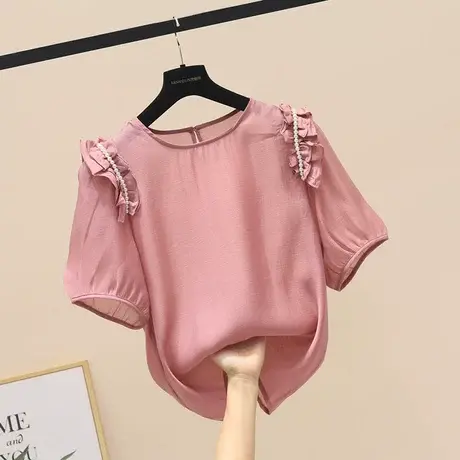 高级感宽松显瘦百搭夏季短袖衬衫女时尚泡泡袖圆领气质别致上衣潮商品大图