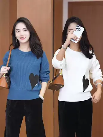 2023秋季新时尚针织衫甜美爱心图案宽松毛衣修身显瘦女打底上衣潮图片