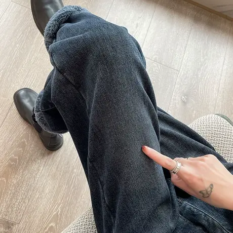 加绒老爹牛仔裤女2023秋冬新款高腰直筒宽松复古蓝灰色加厚哈伦裤图片