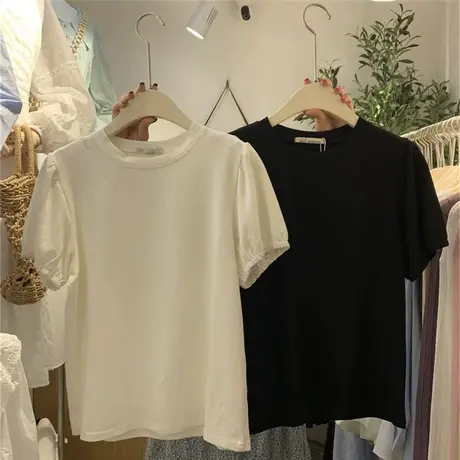 韩版2023年夏季女装新款高级感气质泡泡短袖宽松百搭舒适t恤上衣商品大图