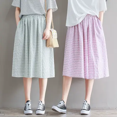 胖妹妹文艺复古法式棉质纹格半身裙 加大码格子半身裙200斤女商品大图