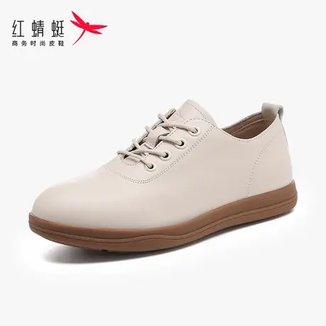 红蜻蜓头层牛皮女鞋夏季休闲单鞋女白色英伦风小皮鞋平跟百搭鞋子图片