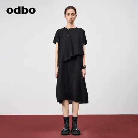 odbo/欧迪比欧复古气质荷叶边拼接短袖黑色连衣裙女夏季宽松裙子图片