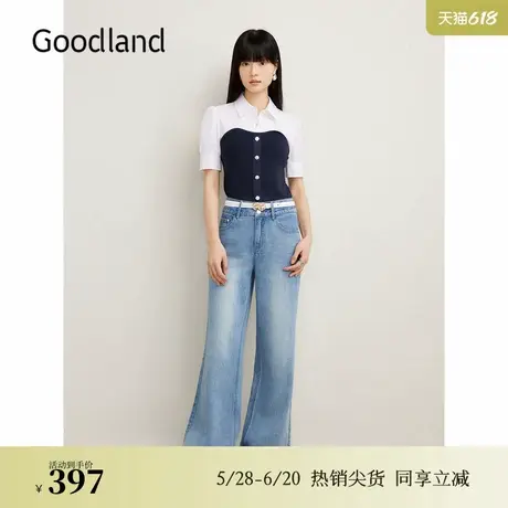 Goodland美地夏季撞色假两件拼接毛针织衫显瘦衬衫上衣图片